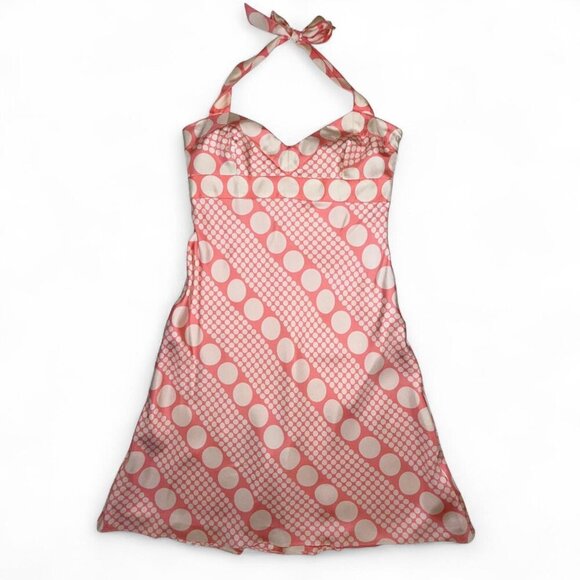 Laundry by Shelli Segal Retro Pink Polka dot 100% Silk Halter Fit & Flare Dress - Picture 6 of 8